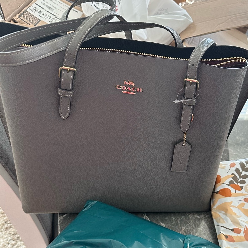Coach Gray Leather Tote with Metallic Hardware